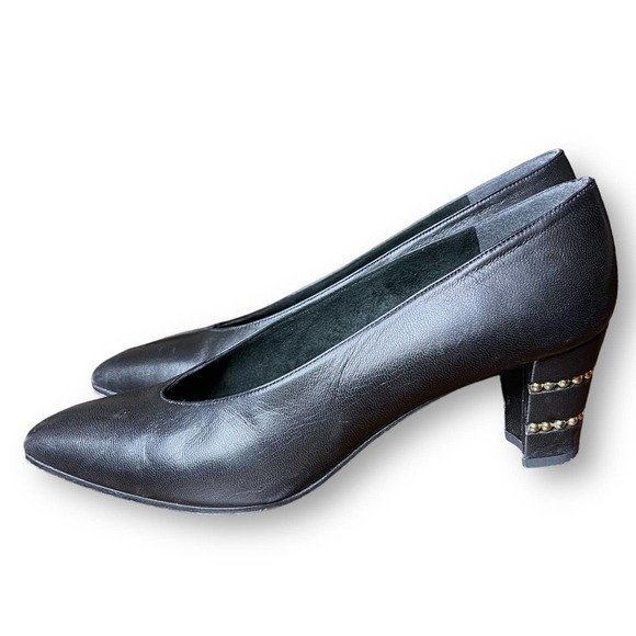 Stuart Weitzman Women’s Black Leather Gold Studded Heels - Size 5.5 B - Picture 3 of 15